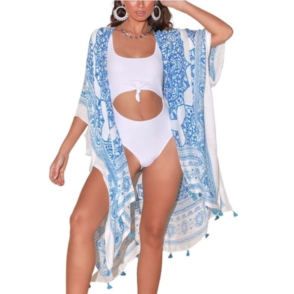 New Beautiful Royal Blue Kimono Swimsuit Beach Summer Cover Swimwear Cardigan - Picture 1 of 6